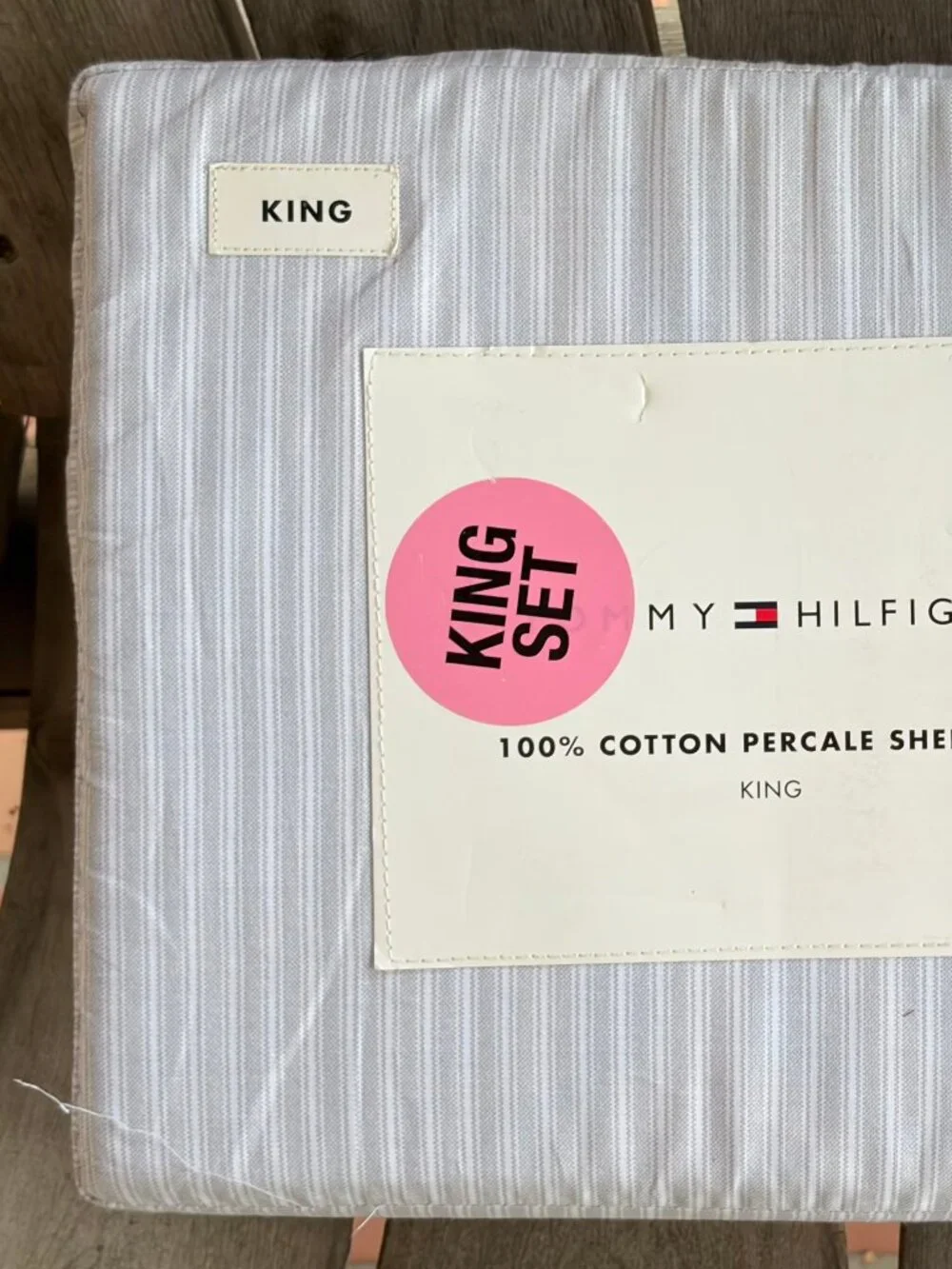 Tommy Hilfiger King SIze Sheet Set HIGHLAND TICKING Gray Stripe Percale Cotton